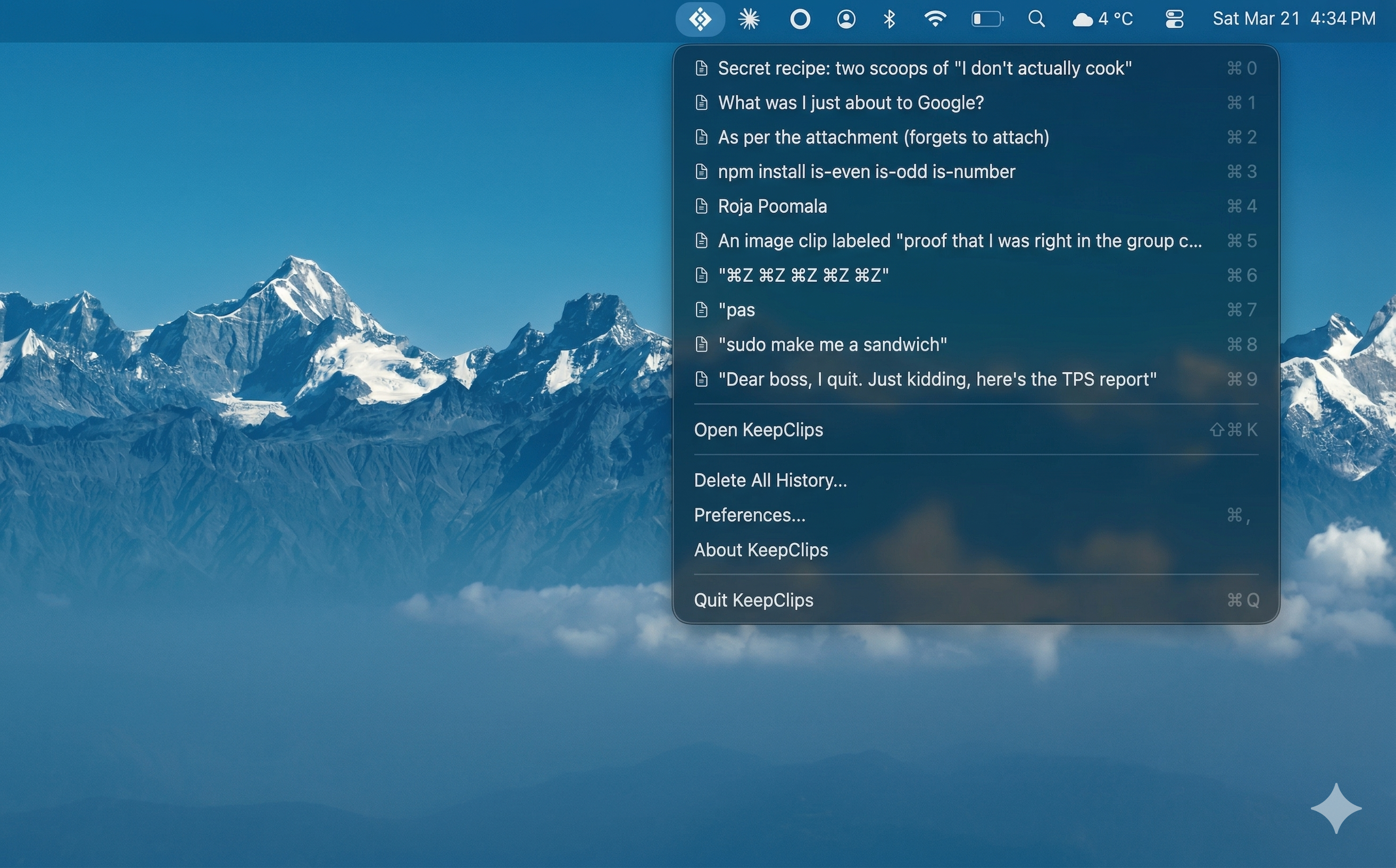 KeepClips menu bar dropdown showing clipboard history with keyboard shortcuts