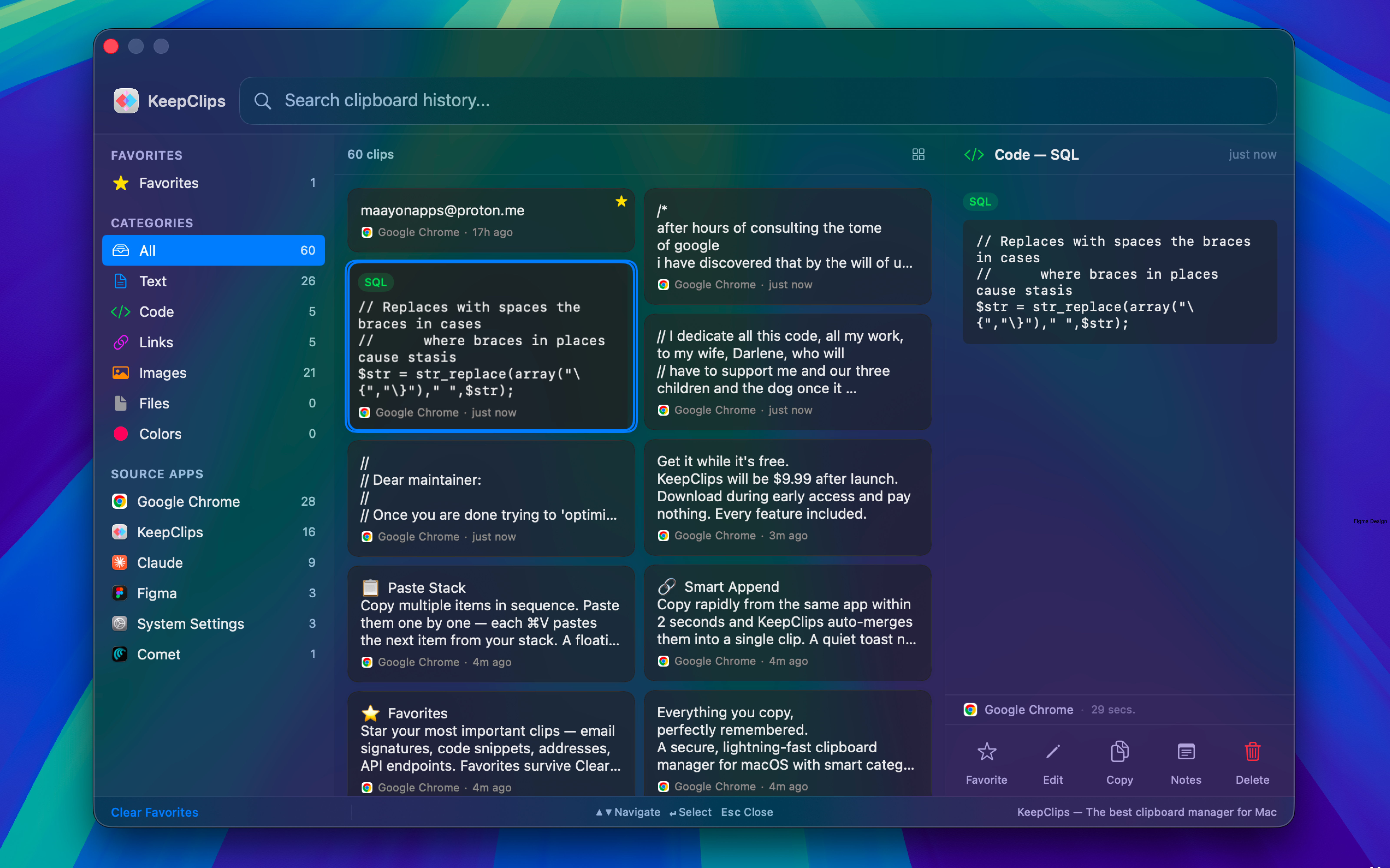 KeepClips dark mode three-panel clipboard manager on macOS