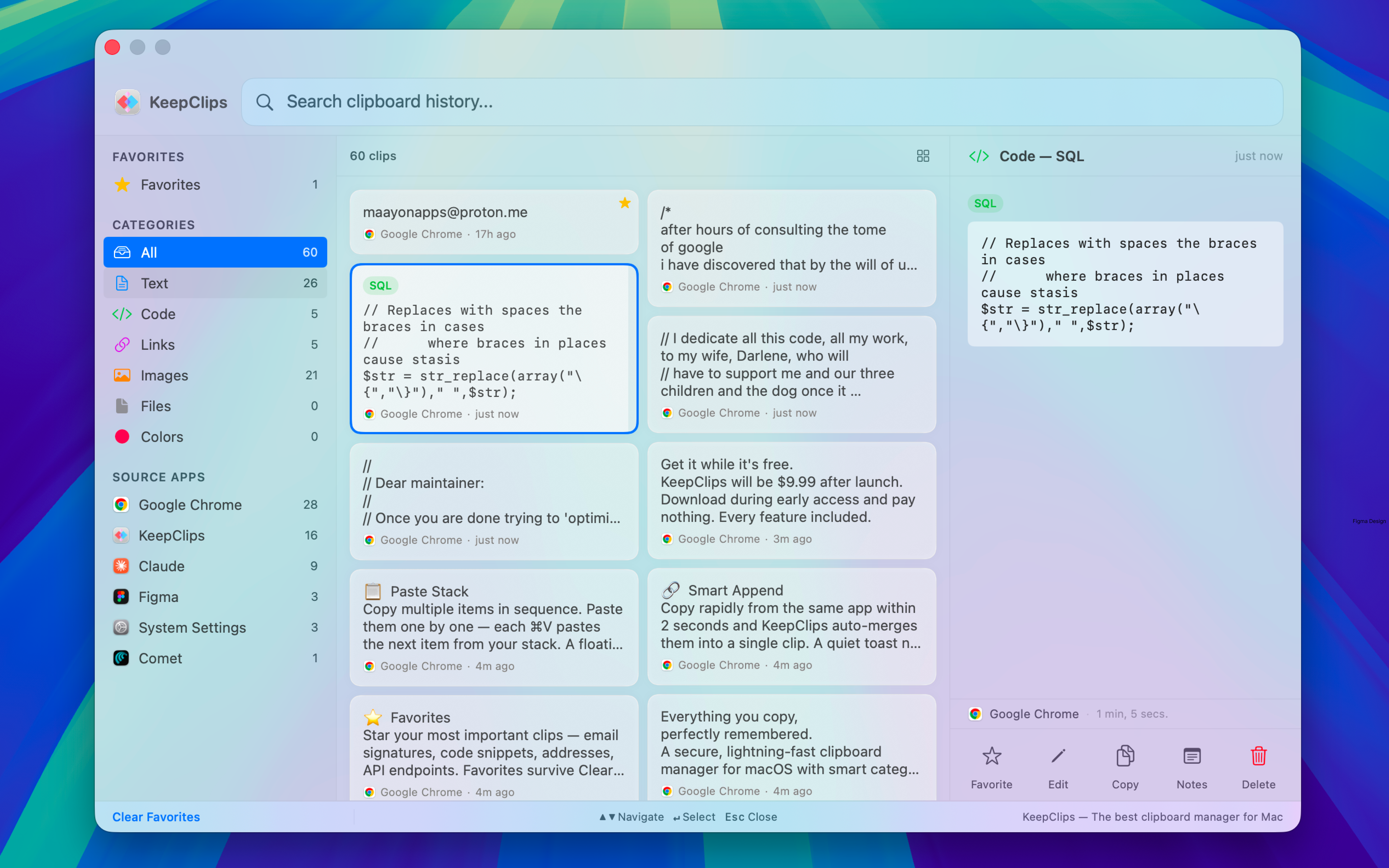 KeepClips light mode three-panel clipboard manager on macOS