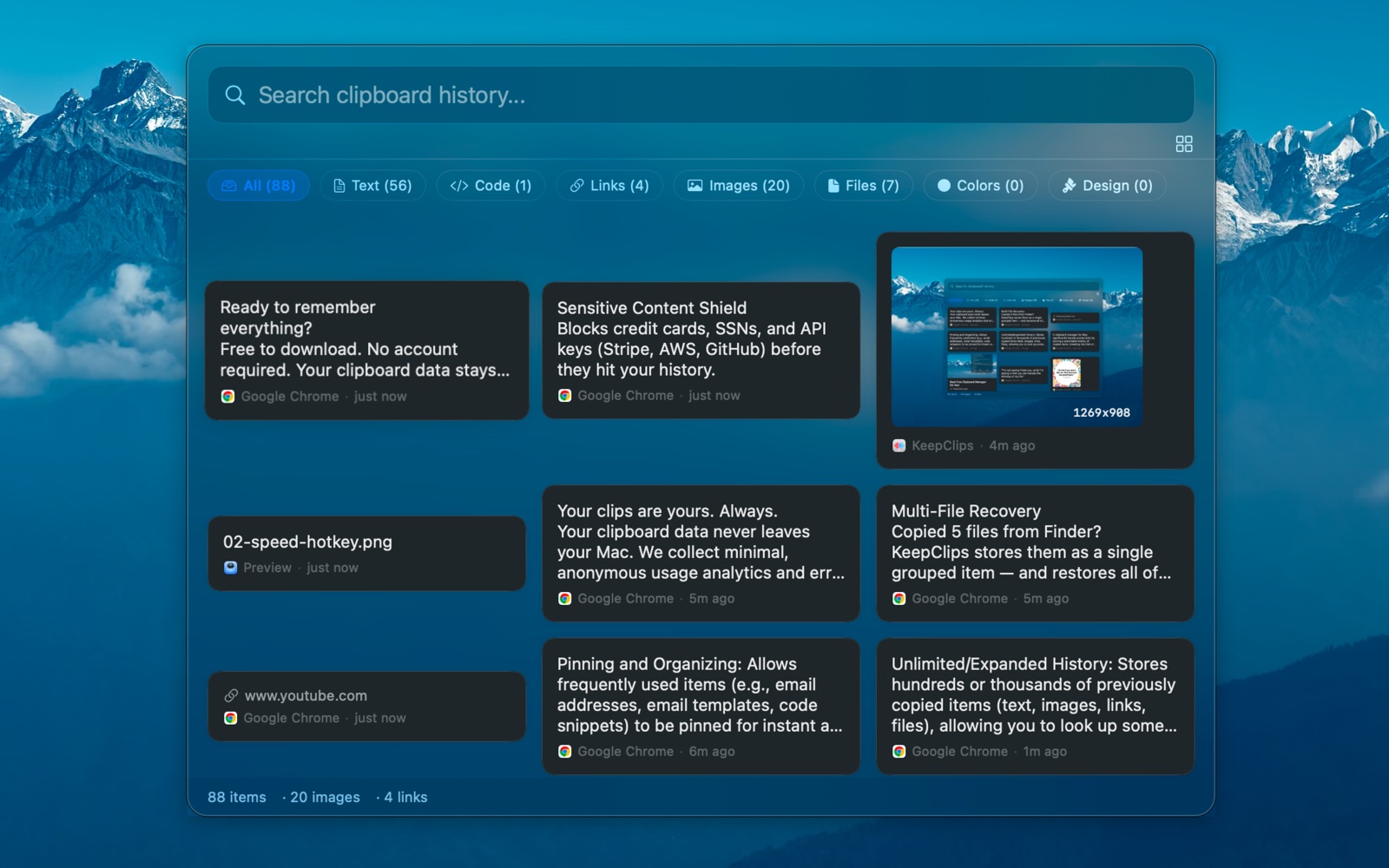KeepClips search panel with category filters and clipboard history