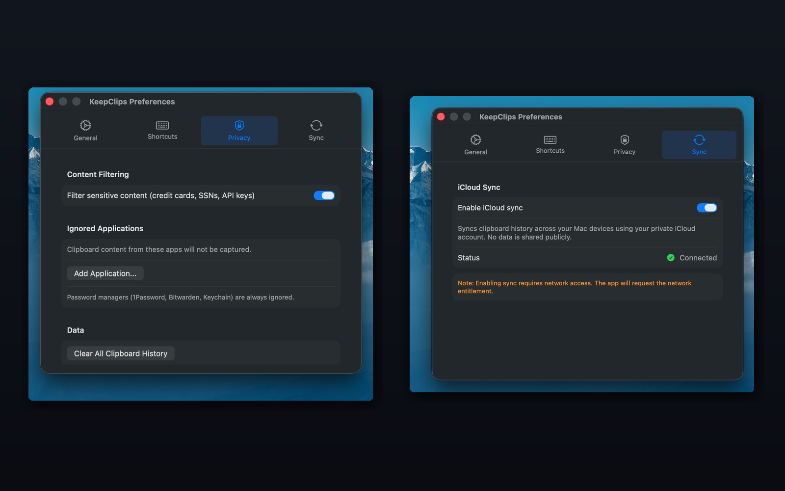 KeepClips Privacy and Sync preferences